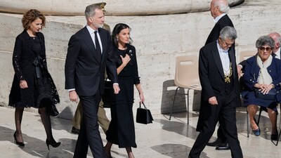 Spain's King Felipe VI and Queen Letizia, center, arrive for the funeral of Pope Francis in St. Peter's Square at the Vatican, Saturday, April 26, 2025. (AP Photo/Gregorio Borgia) (AP) Spain's King Felipe VI and Queen Letizia, center, arrive for the funeral of Pope Francis in St. Peter's Square at the Vatican, Saturday, April 26, 2025. (AP Photo/Gregorio Borgia) (AP)