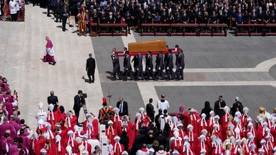 The coffin of Pope Francis is carried at the end of his funeral in St. Peter's Square at the Vatican, Saturday, April 26, 2025. (AP Photo/Gregorio Borgia) (AP) The coffin of Pope Francis is carried at the end of his funeral in St. Peter's Square at the Vatican, Saturday, April 26, 2025. (AP Photo/Gregorio Borgia) (AP)