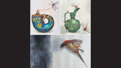 Yasmeen’s dragonflies play with artefacts and (bottom) a pheasant doomed by plastic pollution. Yasmeen’s dragonflies play with artefacts and (bottom) a pheasant doomed by plastic pollution.