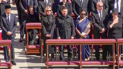 President Droupadi Murmu along with other world leaders attends the state funeral of Pope Francis, who passed away on April 21, in Vatican City on Saturday.&nbsp; (ANI)