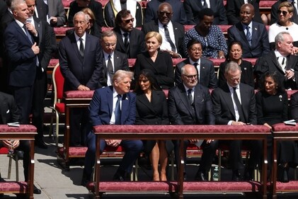 US President Donald Trump, center, with world leaders at the funeral of Pope Francis I in St. Peter's Square in Vatican City, on Saturday, April 26, 2025. (Bloomberg) US President Donald Trump, center, with world leaders at the funeral of Pope Francis I in St. Peter's Square in Vatican City, on Saturday, April 26, 2025. (Bloomberg)