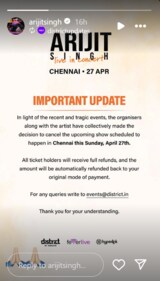 Singer Arijit Singh cancelled his Chennai concert Singer Arijit Singh cancelled his Chennai concert