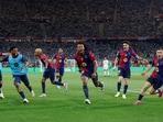 FC Barcelona's Jules Kounde celebrates scoring their third goal with teammates