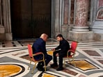 Ukraine's President Volodymyr Zelensky and President Donald Trump talk as they attend the funeral of Pope Francis in Vatican on Saturday, April 26, 2025. Ukraine's President Volodymyr Zelensky and President Donald Trump talk as they attend the funeral of Pope Francis in Vatican on Saturday, April 26, 2025.