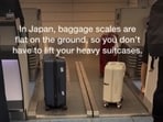 japan has placed the scales flat on the floor, so you can just roll your suitcases on it to check weight. japan has placed the scales flat on the floor, so you can just roll your suitcases on it to check weight.