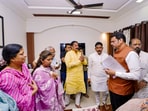 In this image posted by @CMOMaharashtra via X on April 26, 2025, Maharashtra Chief Minister Devendra Fadnavis meets family members of Santosh Jagdale, who lost his life in the Pahalgam terrorist attack, in Pune.