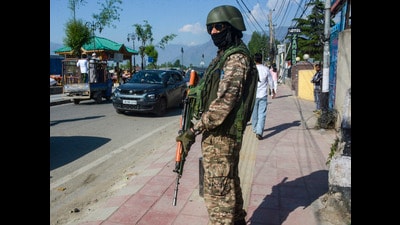 A security official stands guard at Boulevard Road, in the aftermath of the Pahalgam terrorist attack, in Srinagar,on Sunday. (PTI)