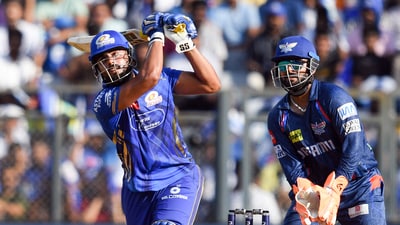 MI's innings was provided a terrific boost right at the death, as Naman Dhir contributed 25*(11) while Corbin Bosch scored 20(10) on his IPL debut. The total was pushed to 215-7 thanks to this late effort. (ANI) MI's innings was provided a terrific boost right at the death, as Naman Dhir contributed 25*(11) while Corbin Bosch scored 20(10) on his IPL debut. The total was pushed to 215-7 thanks to this late effort. (ANI)
