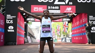 Ethiopia's Tigst Assefa reacts after crossing the line to win the women's race at the 2025 London Marathon in central London on April 27, 2025. (AFP) Ethiopia's Tigst Assefa reacts after crossing the line to win the women's race at the 2025 London Marathon in central London on April 27, 2025. (AFP)