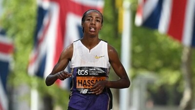 Netherland's Sifan Hassan crosses the line in third place in the women's race at the 2025 London Marathon in central London on April 27, 2025. (AFP) Netherland's Sifan Hassan crosses the line in third place in the women's race at the 2025 London Marathon in central London on April 27, 2025. (AFP)