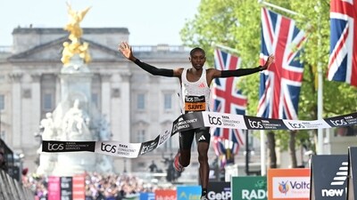 Kenya's Sabastian Sawe crosses the line to win the men's race at the 2025 London Marathon in central London on April 27, 2025. (Photo by JUSTIN TALLIS / AFP) (AFP) Kenya's Sabastian Sawe crosses the line to win the men's race at the 2025 London Marathon in central London on April 27, 2025. (Photo by JUSTIN TALLIS / AFP) (AFP)