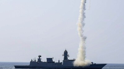 An Indian warship demonstrates its long-range precision strike capability during a drill in the Arabian Sea on Sunday. (PTI) An Indian warship demonstrates its long-range precision strike capability during a drill in the Arabian Sea on Sunday. (PTI)