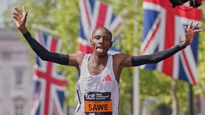 Sabastian Sawe of Kenya reacts after he crossed the line to win the men's race at the London Marathon, Sunday, April 27, 2025. (AP Photo/Alberto Pezzali) (AP) Sabastian Sawe of Kenya reacts after he crossed the line to win the men's race at the London Marathon, Sunday, April 27, 2025. (AP Photo/Alberto Pezzali) (AP)