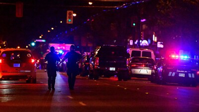 Vancouver police said they did not suspect "an act of terrorism" after a driver plowed into a street party on April 26. Police officers arrive on Fraser street, near the site of the Lapu Lapu day block party. (REUTERS)