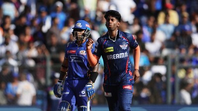 Mayank Yadav marked his return to IPL action with two big wickets, those of Rohit Sharma and Hardik Pandya. The ball to Pandya was a beauty, nipping in off a length and castling his stumps. (REUTERS)