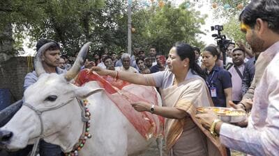 Delhi chief minister Rekha Gupta at Gramin Gaushala in Bawana on Sunday. (PTI) Delhi chief minister Rekha Gupta at Gramin Gaushala in Bawana on Sunday. (PTI)