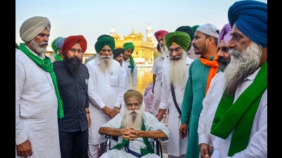 Farmer leader Jagjit Singh Dallewal during a visit to the Golden Temple on April 10. (PTI)