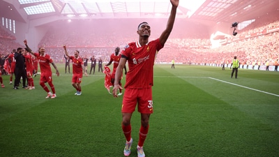 Liverpool's Ryan Gravenberch celebrates after winning the Premier League. (Reuters)