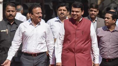 Mumbai, India - March 15, 2017: Chief Minister Devendra Fadnavis and Girish Mahajan arrives for the Maharashtra Assembly session in Mumbai, India, on Wednesday, March 15, 2017. (Photo by Kunal Patil/Hindustan Times) (Kunal Patil/HT Photo) Mumbai, India - March 15, 2017: Chief Minister Devendra Fadnavis and Girish Mahajan arrives for the Maharashtra Assembly session in Mumbai, India, on Wednesday, March 15, 2017. (Photo by Kunal Patil/Hindustan Times) (Kunal Patil/HT Photo)