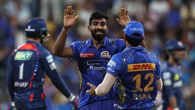 Mumbai Indians's Jasprit Bumrah celebrates after taking the wicket of Lucknow Super Giants' Abdul Samad. (REUTERS) Mumbai Indians's Jasprit Bumrah celebrates after taking the wicket of Lucknow Super Giants' Abdul Samad. (REUTERS)