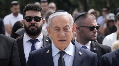 Israeli Prime Minister Benjamin Netanyahu attends a ceremony marking the annual Holocaust Remembrance Day, at Yad Vashem Holocaust Memorial in Jerusalem, on April 24, 2025. (AFP)
