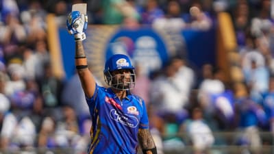 Suryakumar Yadav rose to the top of the Orange Cap list with another fine half-century, scoring 54(28) and keeping his strong run of recent form going. SKY hit four boundaries and four maximums enroute to his half-century. (PTI) Suryakumar Yadav rose to the top of the Orange Cap list with another fine half-century, scoring 54(28) and keeping his strong run of recent form going. SKY hit four boundaries and four maximums enroute to his half-century. (PTI)