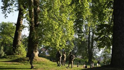 Paramilitary personnel inside Mughal garden in Srinagar on Sunday. (AP)