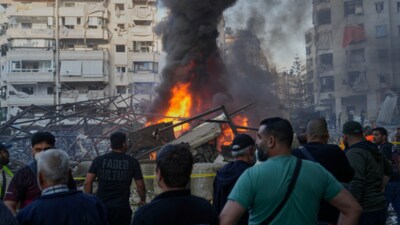 Flames rise after an Israeli airstrike in Dahiyeh, southern suburb of Beirut, Lebanon, Sunday, April 27, 2025. (AP) Flames rise after an Israeli airstrike in Dahiyeh, southern suburb of Beirut, Lebanon, Sunday, April 27, 2025. (AP)