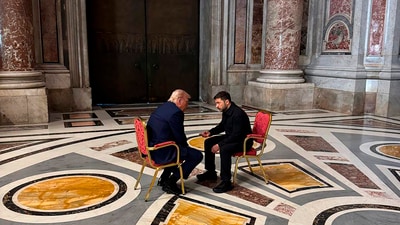 Ukraine's President Volodymyr Zelensky and President Donald Trump talk as they attend the funeral of Pope Francis in Vatican on Saturday, April 26, 2025. (AP)