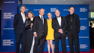 (L/R) Members of the Creative Coalition Tim Daly, Robin Bronk, Michael Chiklis, Emily Glassman, Dean Norris and Jason Isaacs attend the White House Correspondents' Association Dinner at the Washington Hilton in Washington, DC, April 26, 2025. (Photo by Allison ROBBERT / AFP) (AFP) (L/R) Members of the Creative Coalition Tim Daly, Robin Bronk, Michael Chiklis, Emily Glassman, Dean Norris and Jason Isaacs attend the White House Correspondents' Association Dinner at the Washington Hilton in Washington, DC, April 26, 2025. (Photo by Allison ROBBERT / AFP) (AFP)