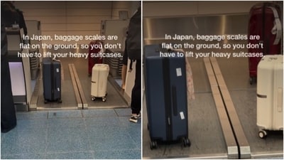 japan has placed the scales flat on the floor, so you can just roll your suitcases on it to check weight. (Instagram/@lounge.guru) japan has placed the scales flat on the floor, so you can just roll your suitcases on it to check weight. (Instagram/@lounge.guru)