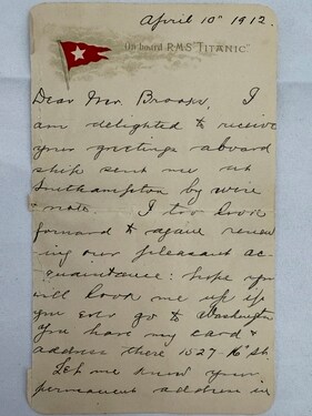 This undated handout picture provided by the auctioneers Henry Aldridge & Son, England, shows a lettercard, penned by one of the Titanic's most well-known survivors. (AP)