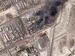 This satellite photo from Planet Labs PBC shows the epicenter of an explosion at the Shahid Rajaei port near Bandar Abbas, Iran, Monday, April 28, 2025.