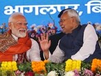 Prime Minister Narendra Modi with Bihar chief minister Nitish Kumar in Bhagalpur, Bihar.