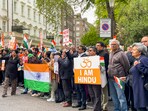 Members of Indian diaspora protest against the Pahalgam terror attack, outside the Pakistan High Commission in London, on April 25, 2025.