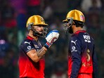 Royal Challengers Bengaluru's Krunal Pandya and Virat Kohli during their partnership vs DC. Royal Challengers Bengaluru's Krunal Pandya and Virat Kohli during their partnership vs DC.
