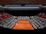 General view of an empty court as the Madrid Open tennis matches get suspended due to a power outage.