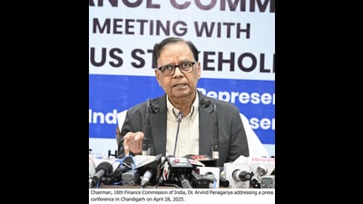 Chairman of the sixteenth Finance Commission Arvind Panagariya during the press conference in Chandigarh on Monday. (HT Photo)