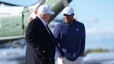 Saquon Barkley and President Donald Trump walk before boarding Air Force One at Morristown Municipal Airport, Sunday, April 27, 2025, in Morristown, N.J. (AP Photo/Evan Vucci) (AP) Saquon Barkley and President Donald Trump walk before boarding Air Force One at Morristown Municipal Airport, Sunday, April 27, 2025, in Morristown, N.J. (AP Photo/Evan Vucci) (AP)