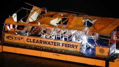 Law enforcement is looking into the wreckage of a Clearwater Ferry that was struck by a boat on Sunday in Clearwater, Florida, resulting in one death and multiple injuries. (Jefferee Woo/Tampa Bay Times via AP) (AP) Law enforcement is looking into the wreckage of a Clearwater Ferry that was struck by a boat on Sunday in Clearwater, Florida, resulting in one death and multiple injuries. (Jefferee Woo/Tampa Bay Times via AP) (AP)