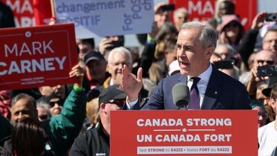 Mark Carney addresses a campaign rally ahead of voting beginning in the Canadian elections as he seeks a second term as Prime Minister. (AFP)