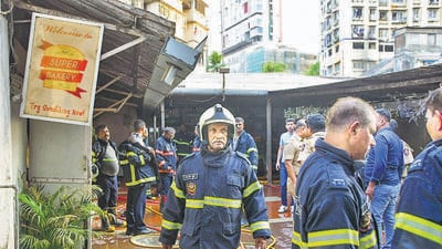 Firefighters at the site after a fire broke out at Super Bakery, in Mumbai, Monday, April 28, 2025. (PTI Photo)(PTI04_28_2025_000429A) (PTI)