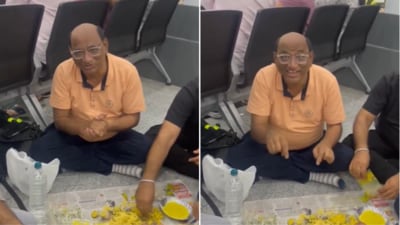 Footage of a Gujarati man sitting on the floor of an airport has sparked a debate online (X/@AgentSaffron) Footage of a Gujarati man sitting on the floor of an airport has sparked a debate online (X/@AgentSaffron)