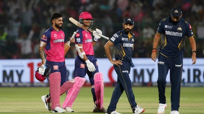 Riyan Parag then came in and finished the chase off by smashing an unbeaten 32 off 15 balls. Jaiswal remained not out on 70 off 40 balls. (AP) Riyan Parag then came in and finished the chase off by smashing an unbeaten 32 off 15 balls. Jaiswal remained not out on 70 off 40 balls. (AP)