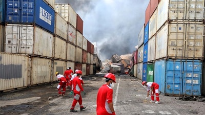 Iranian Red Crescent rescuers work following an explosion at the Shahid Rajaee port in Bandar Abbas, Iran, April 27, 2025. The death toll from the major explosion in Iran's most important container port of Bandar Abbas on April 26 rose to at least 70, with over 1,200 injured, according to state media. (Reuters)