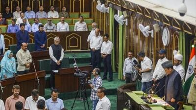 Jammu and Kashmir chief minister Omar Abdullah along with MLAs observing silence to pay tribute to the victims of Pahalgam terror attack during the one-day special session of the assembly in Srinagar on Monday. (PTI Photo) Jammu and Kashmir chief minister Omar Abdullah along with MLAs observing silence to pay tribute to the victims of Pahalgam terror attack during the one-day special session of the assembly in Srinagar on Monday. (PTI Photo)