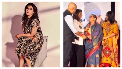 Kajol rescued Anupam Kher's mother Dulari Kher at a press event on Monday. Kajol rescued Anupam Kher's mother Dulari Kher at a press event on Monday.