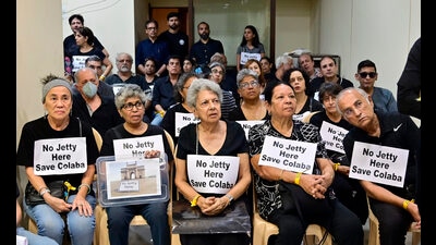 Mumbai, India - April 5, 2025: Residents of Colaba gathered to oppose proposed construction of a passenger/VVIP jetty between the Radio Club, near Gateway Of India in Mumbai, India, on Saturday, April 5, 2025. (Photo by Anshuman Poyrekar/ Hindustan Times) (Hindustan Times) Mumbai, India - April 5, 2025: Residents of Colaba gathered to oppose proposed construction of a passenger/VVIP jetty between the Radio Club, near Gateway Of India in Mumbai, India, on Saturday, April 5, 2025. (Photo by Anshuman Poyrekar/ Hindustan Times) (Hindustan Times)