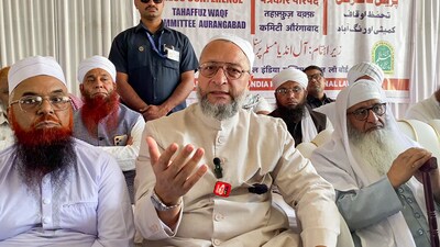 All India Majlis-e-Ittehadul Muslimeen (AIMIM) MP Asaduddin Owaisi addresses a press conference, in Chhatrapati Sambhajinagar on Monday. (ANI) All India Majlis-e-Ittehadul Muslimeen (AIMIM) MP Asaduddin Owaisi addresses a press conference, in Chhatrapati Sambhajinagar on Monday. (ANI)