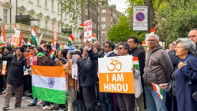Members of Indian diaspora protest against the Pahalgam terror attack, outside the Pakistan High Commission in London, on April 25, 2025. (PTI) Members of Indian diaspora protest against the Pahalgam terror attack, outside the Pakistan High Commission in London, on April 25, 2025. (PTI)